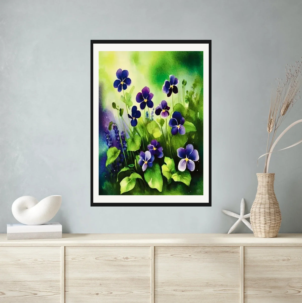 Wild Violets - extra large 36 x 48 matted and framed art print shown hanging on a wall