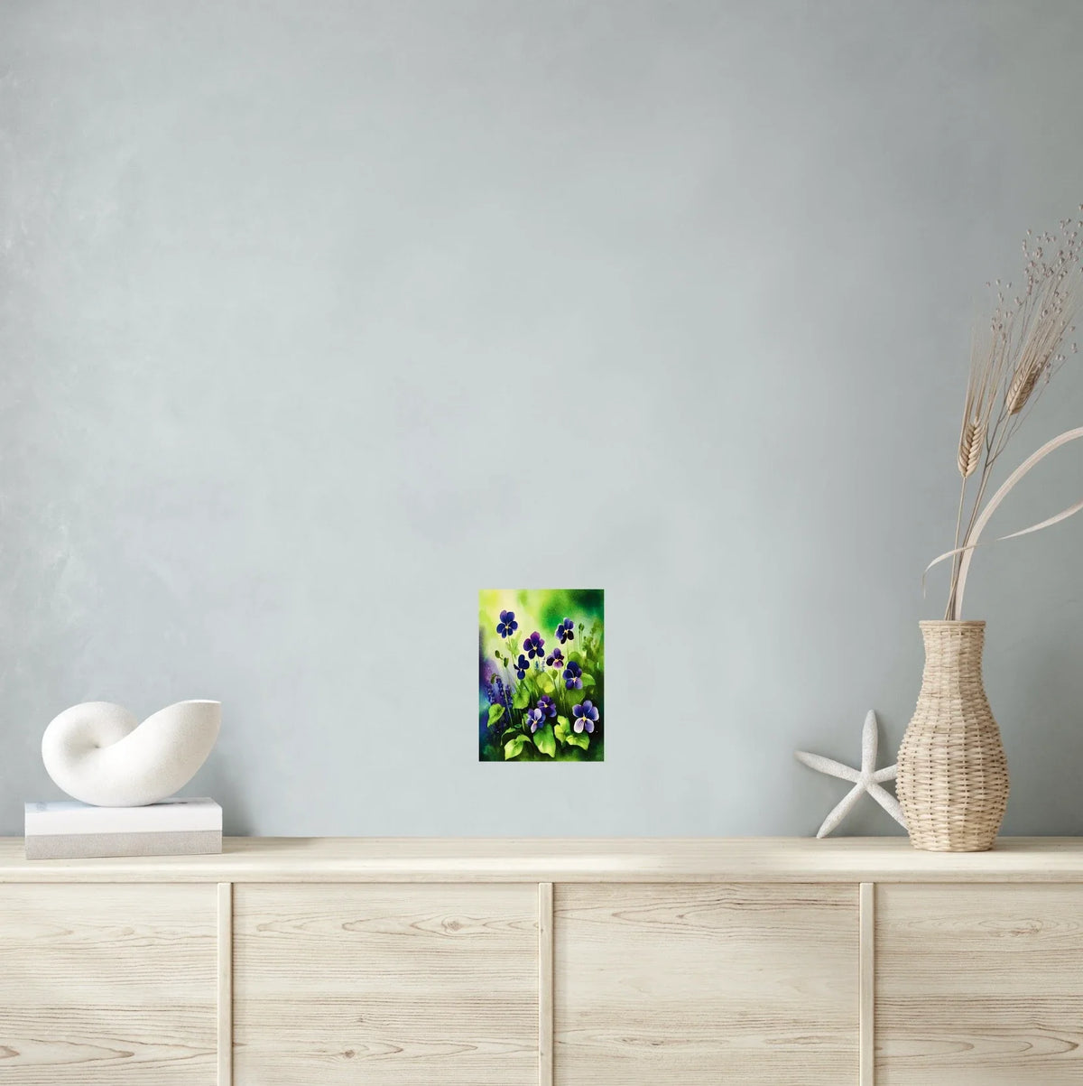 Wild Violets - medium 12 x 16 unframed art print shown hanging on a wall