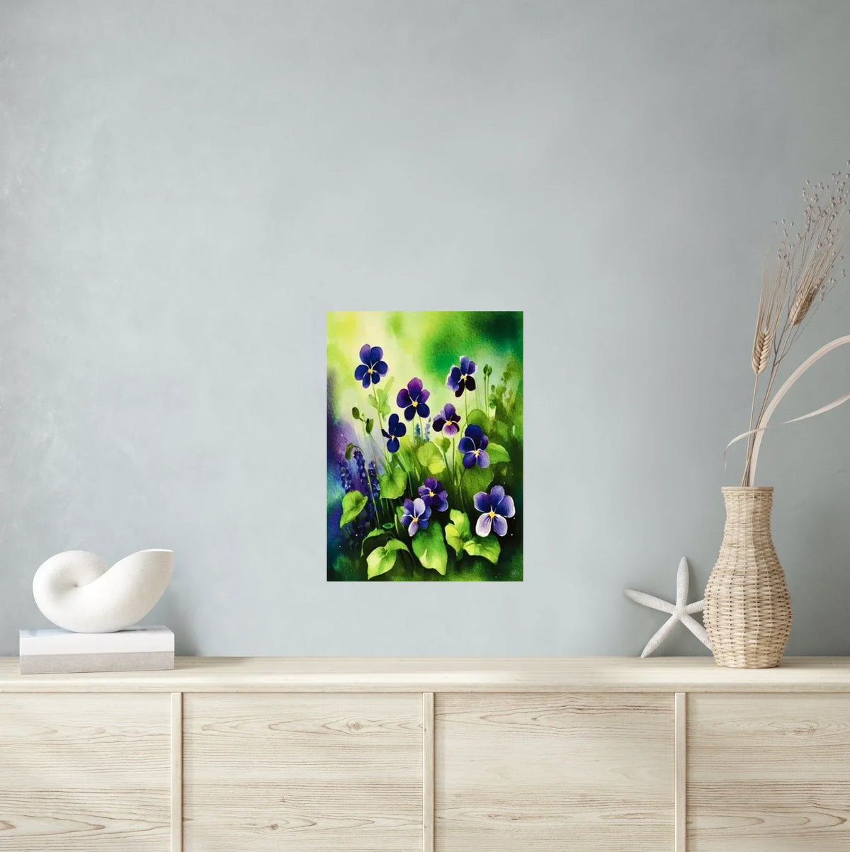 Wild Violets - large 24 x 36 unframed art print shown hanging on a wall