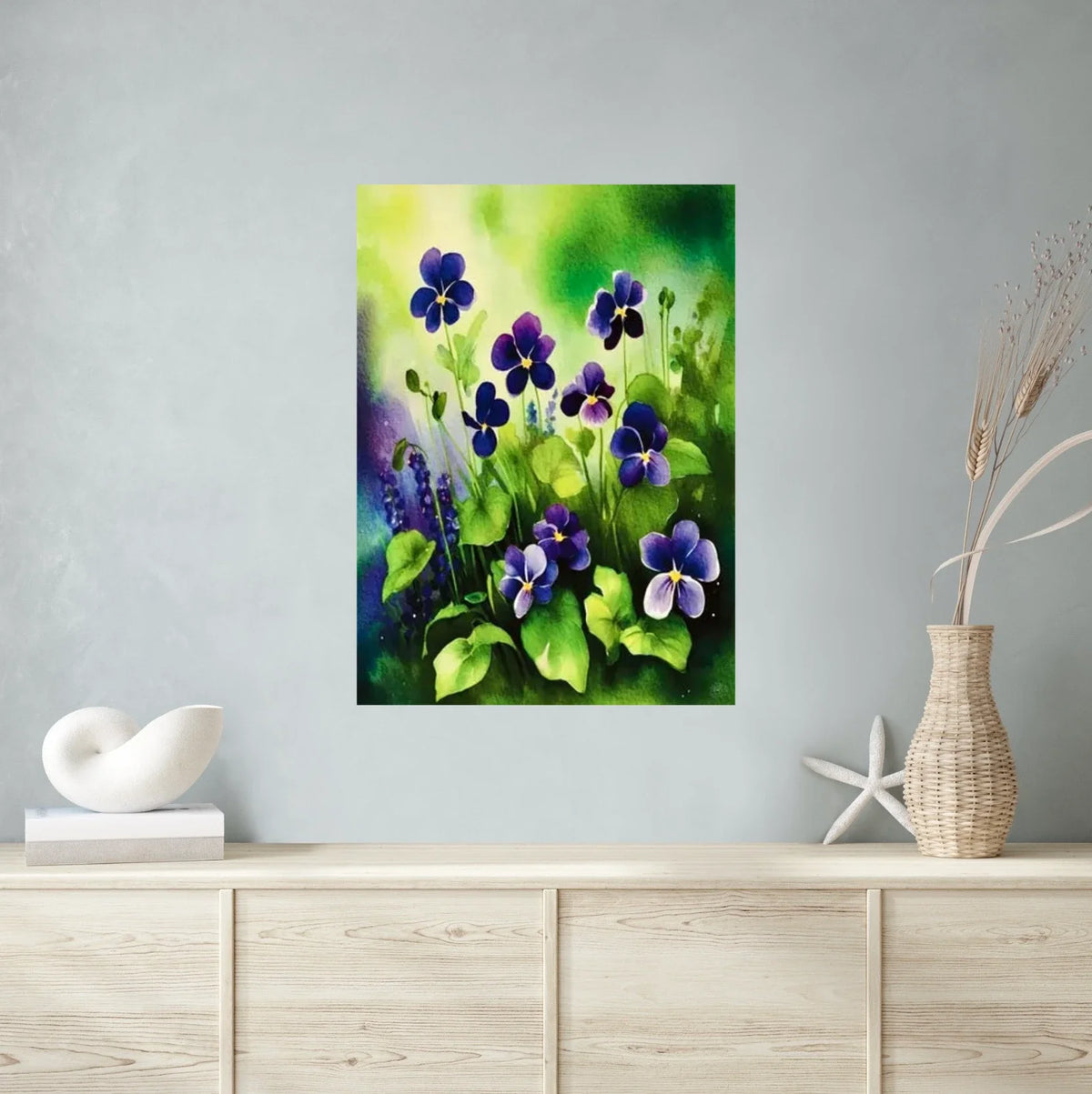 Wild Violets - extra large 36 x 48 unframed art print shown hanging on a wall