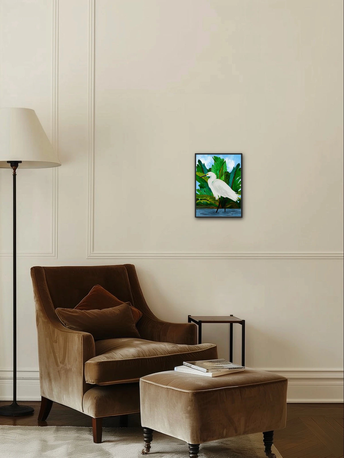 Willow the Great Egret - medium 12 x 16 framed art print shown hanging on a wall