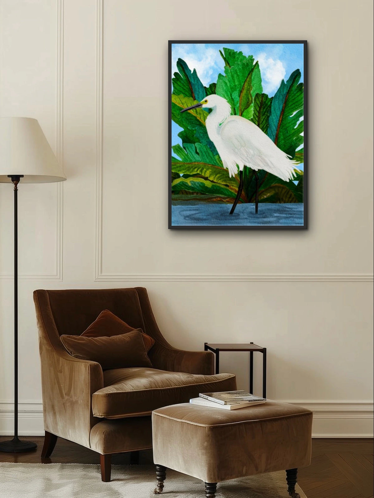 Willow the Great Egret - extra large 36 x 48 framed art print shown hanging on a wall