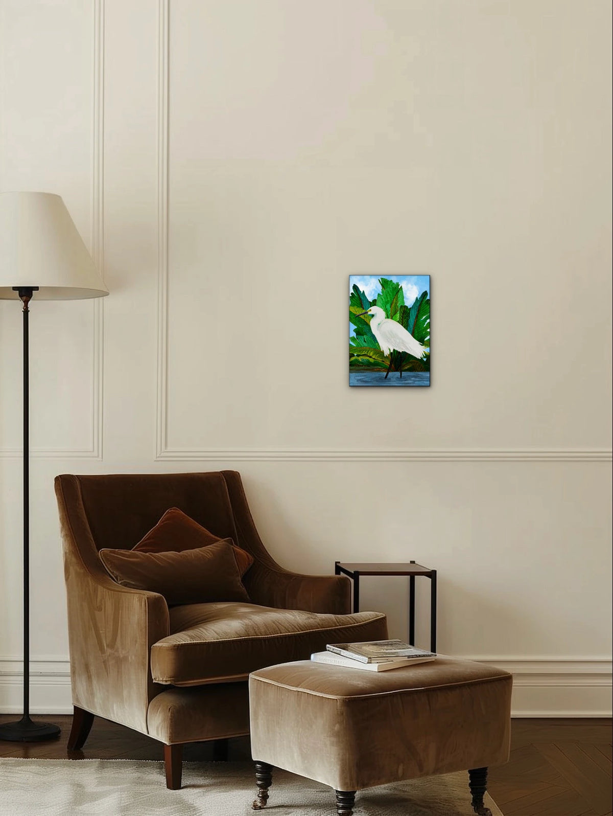 Willow the Great Egret - medium 12 x 16 unframed art print shown hanging on a wall