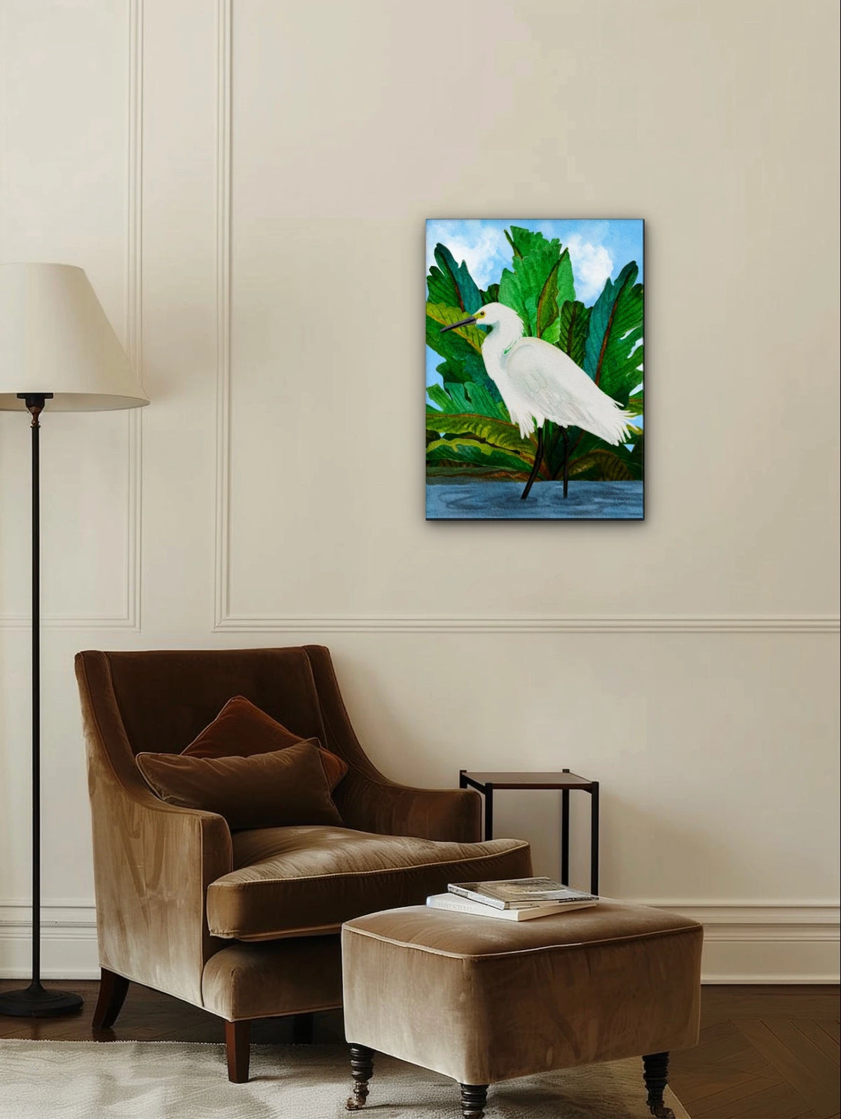 Willow the Great Egret - large 24 x 36 unframed art print shown hanging on a wall
