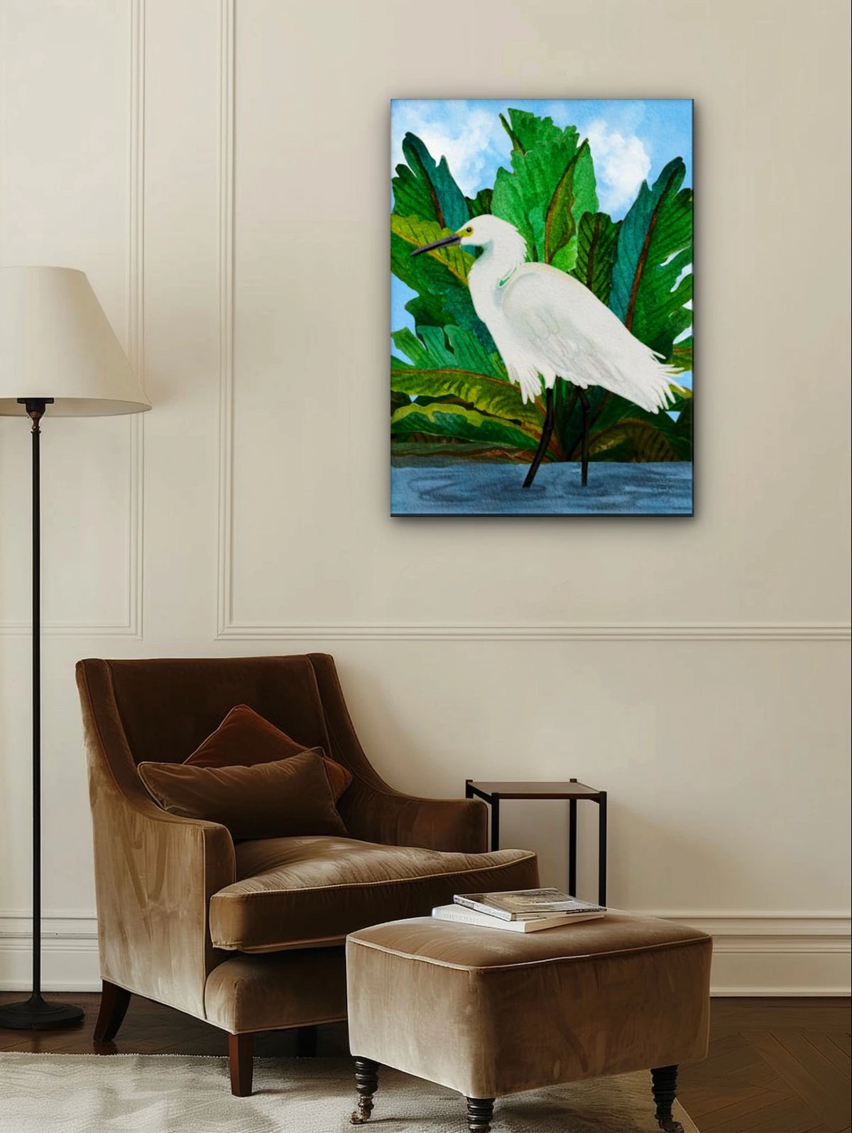 Willow the Great Egret - extra large 36 x 48 unframed art print shown hanging on a wall