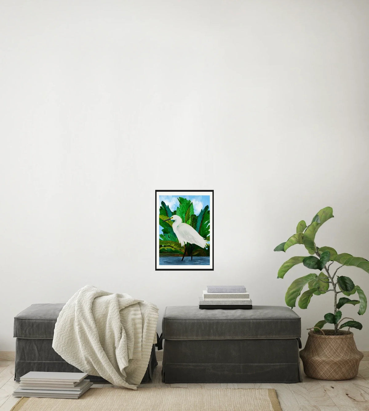Willow the Great Egret - medium 12 x 16 matted and framed art print shown hanging on a wall