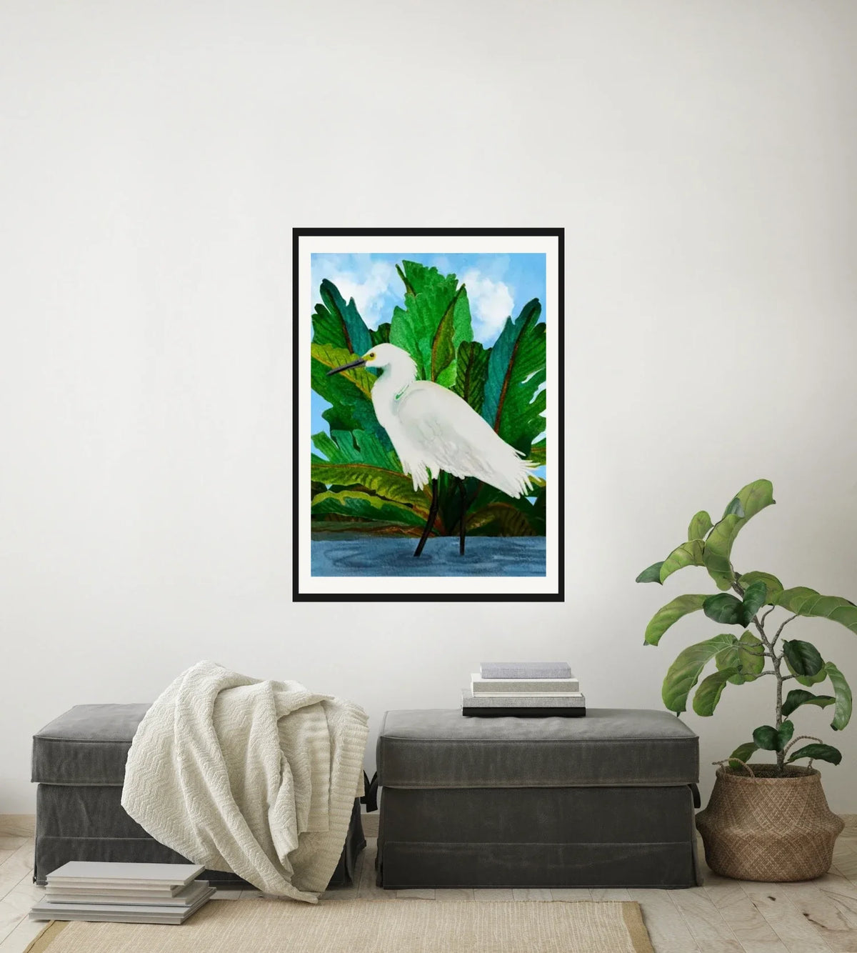 Willow the Great Egret - large 24 x 36 matted and framed art print shown hanging on a wall