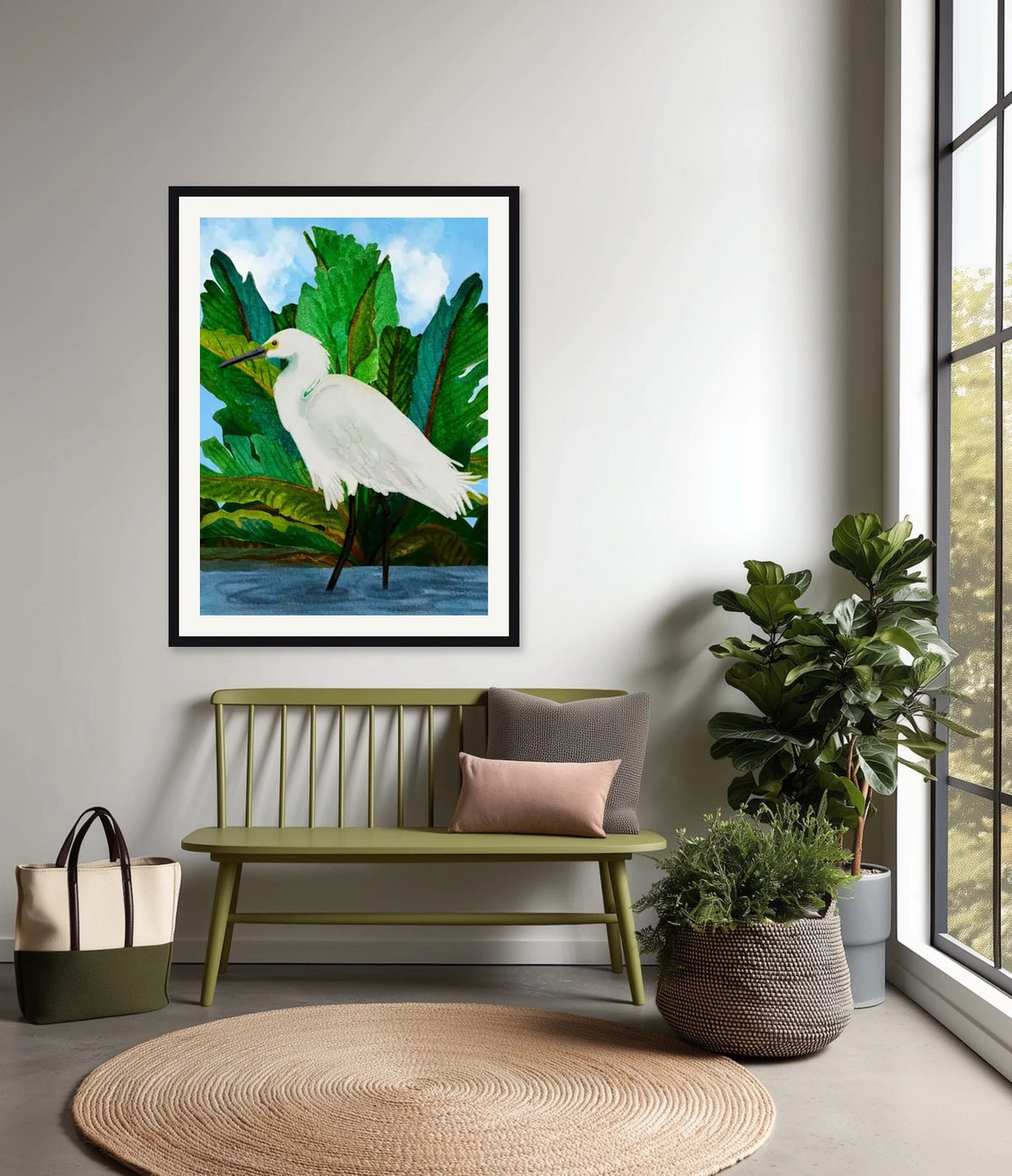 This is a large 24 x 36 matted and framed watercolor art print of a great egret among tropical leaves. Created by professional artists, this high-quality watercolor print on textured matte paper adds a touch of character to any home or office decor.