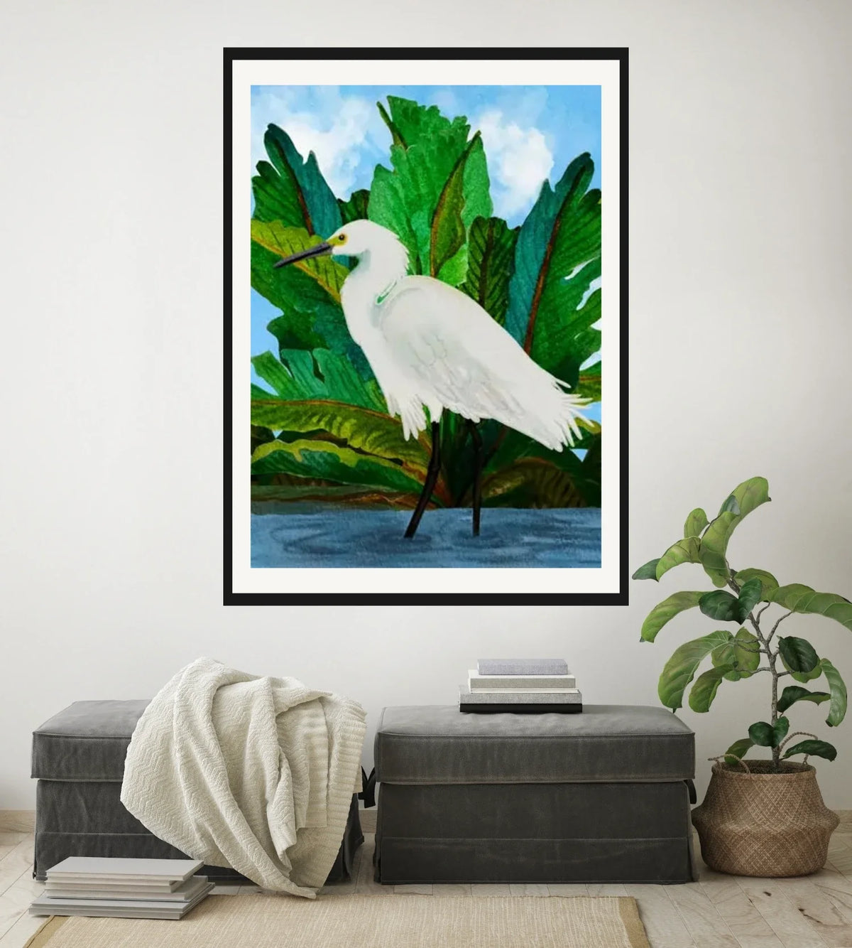 Willow the Great Egret - extra large 36 x 48 matted and framed art print shown hanging on a wall