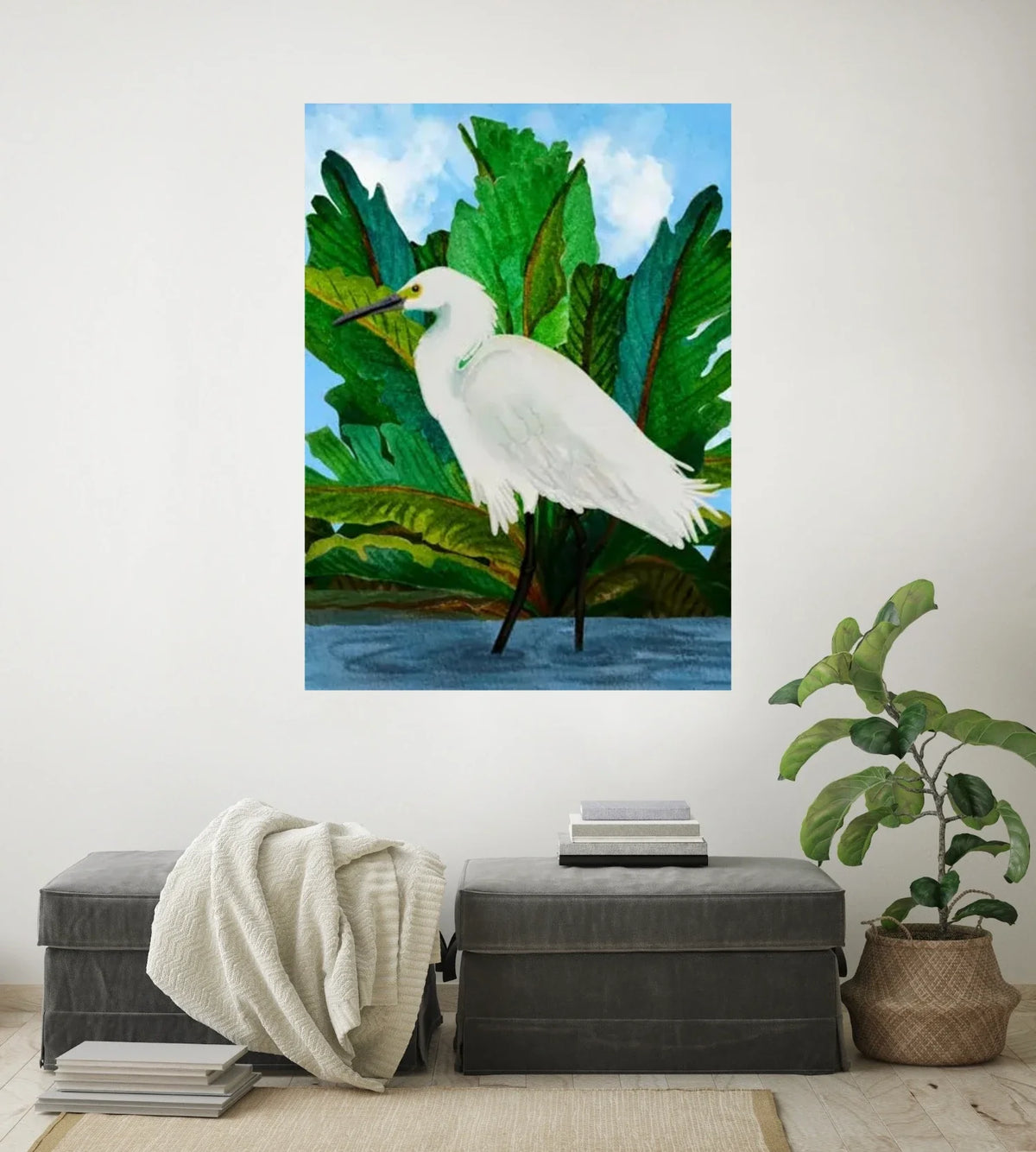 Willow the Great Egret - extra large 36 x 48 unframed art print shown hanging on a wall
