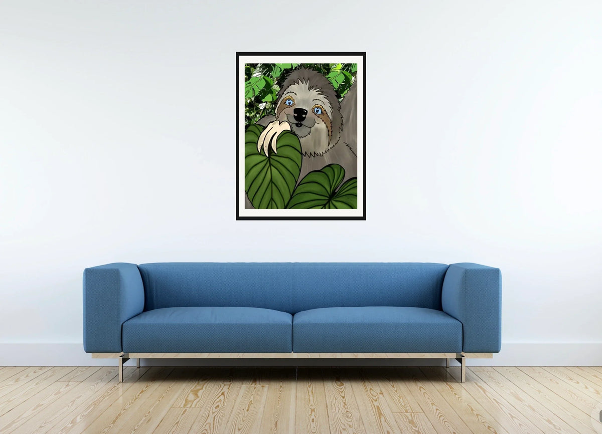 Winifred Sloth - Among Leaves - large 24 x 36 matted and framed art print shown hanging on a wall