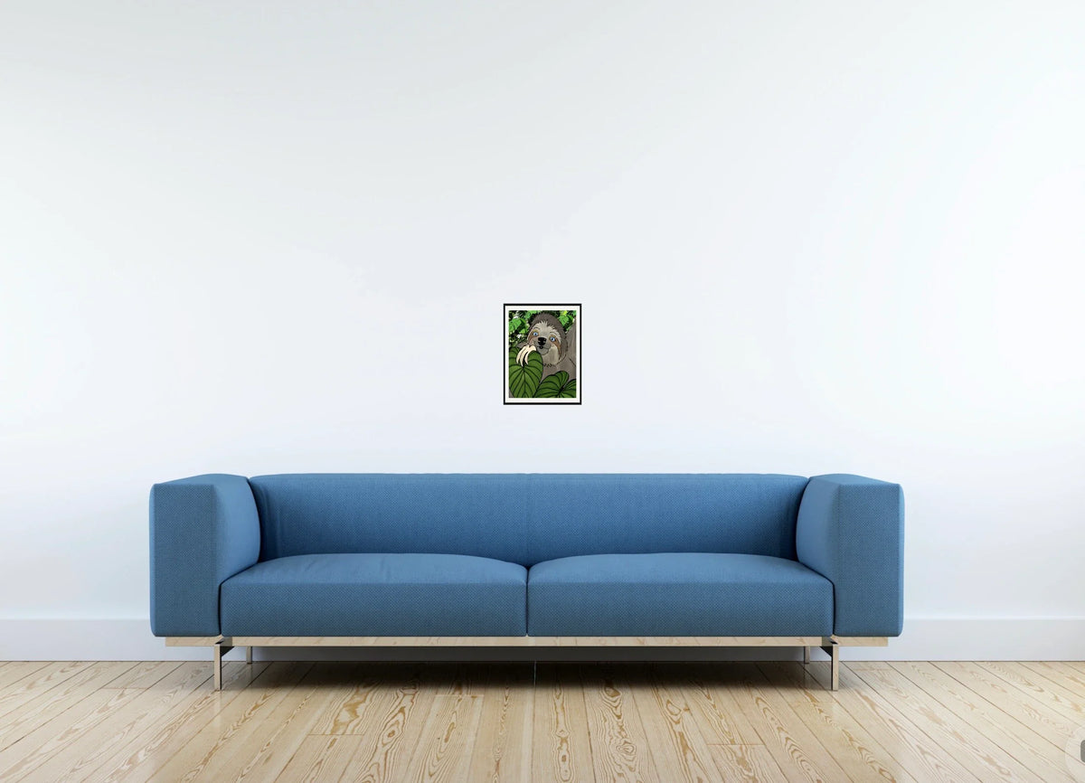 Winifred Sloth - Among Leaves - small 8 x 10 matted and framed art print shown hanging on a wall