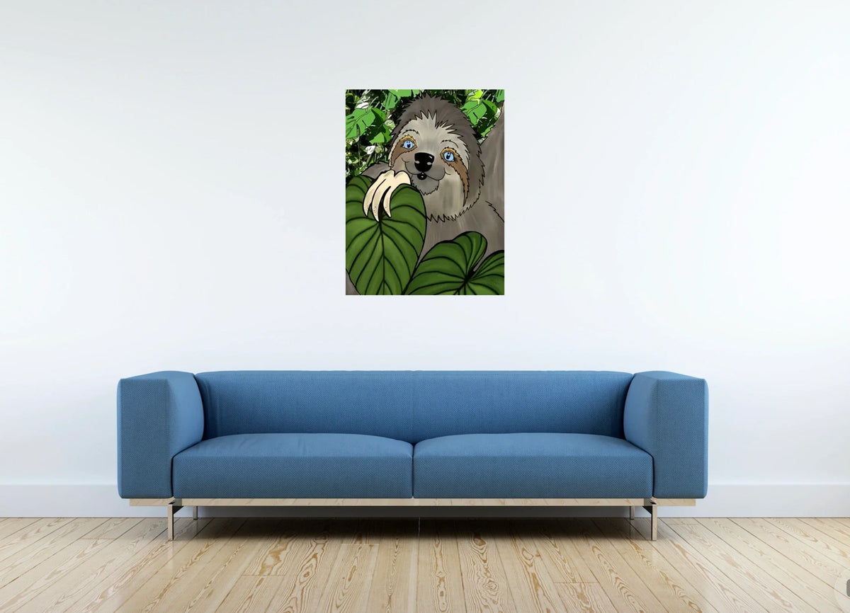 Winifred Sloth - Among Leaves - large 24 x 36 unframed art print shown hanging on a wall