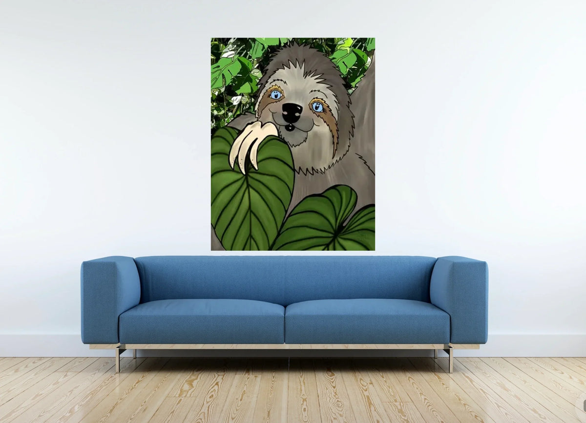 Winifred Sloth - Among Leaves - extra large 36 x 48 unframed art print shown hanging on a wall