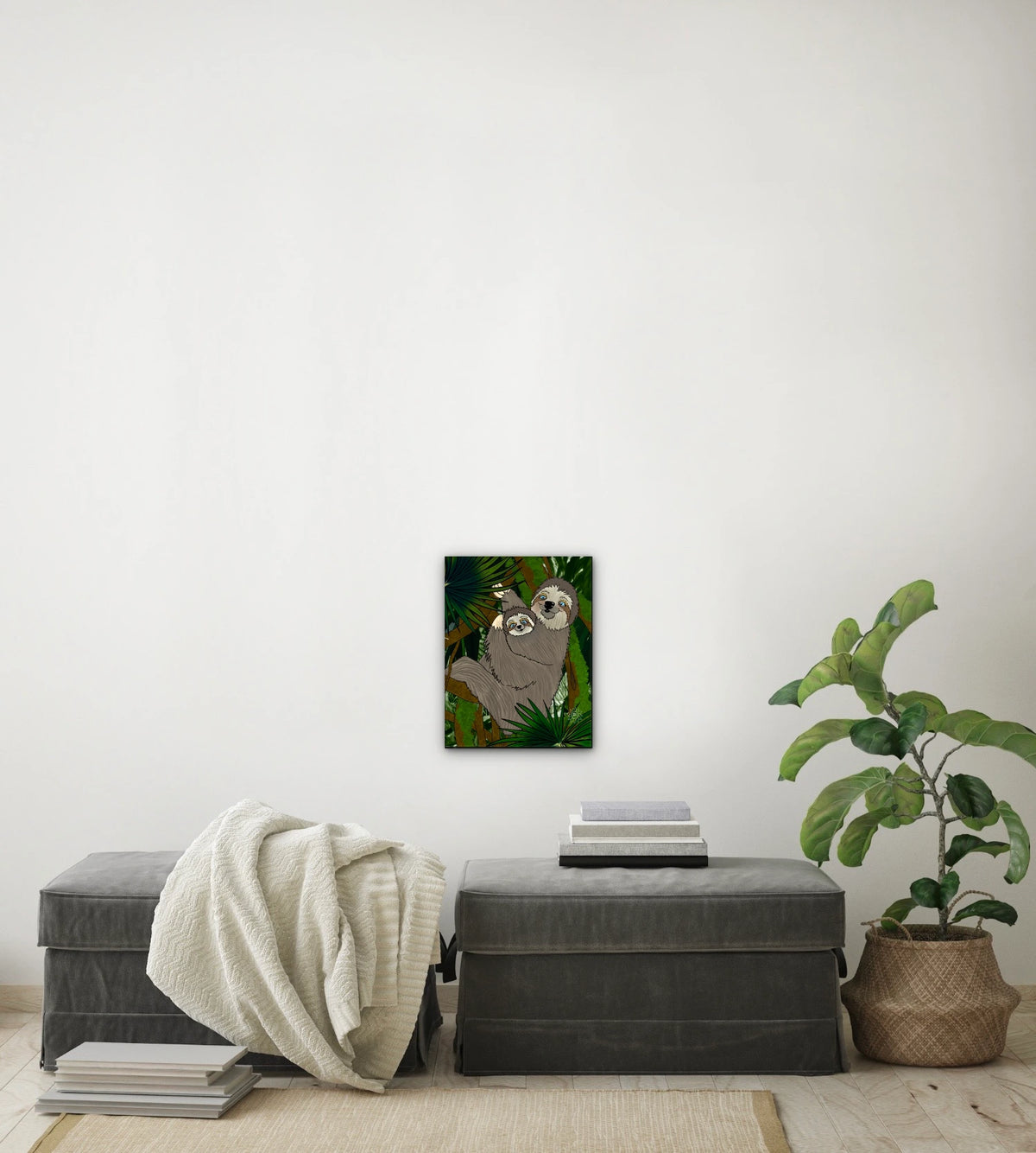 Winifred Sloth and Bailee - medium 12 x 16 unframed art print shown hanging on a wall