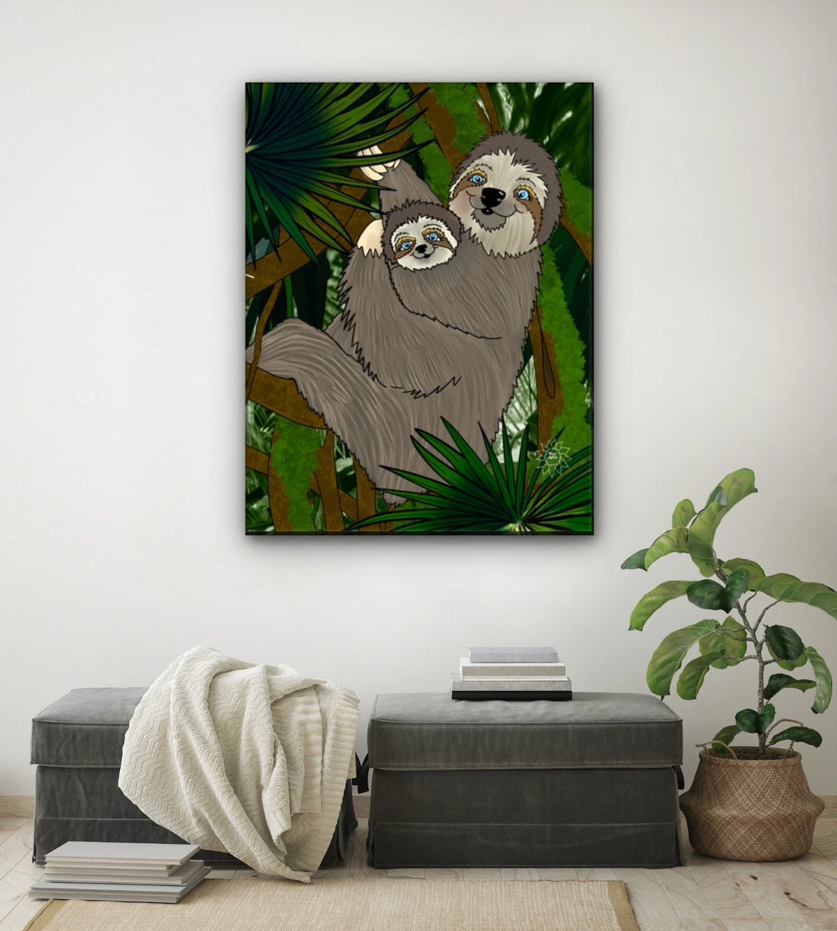 Winifred Sloth and Bailee - extra large 36 x 48 unframed art print shown hanging on a wall