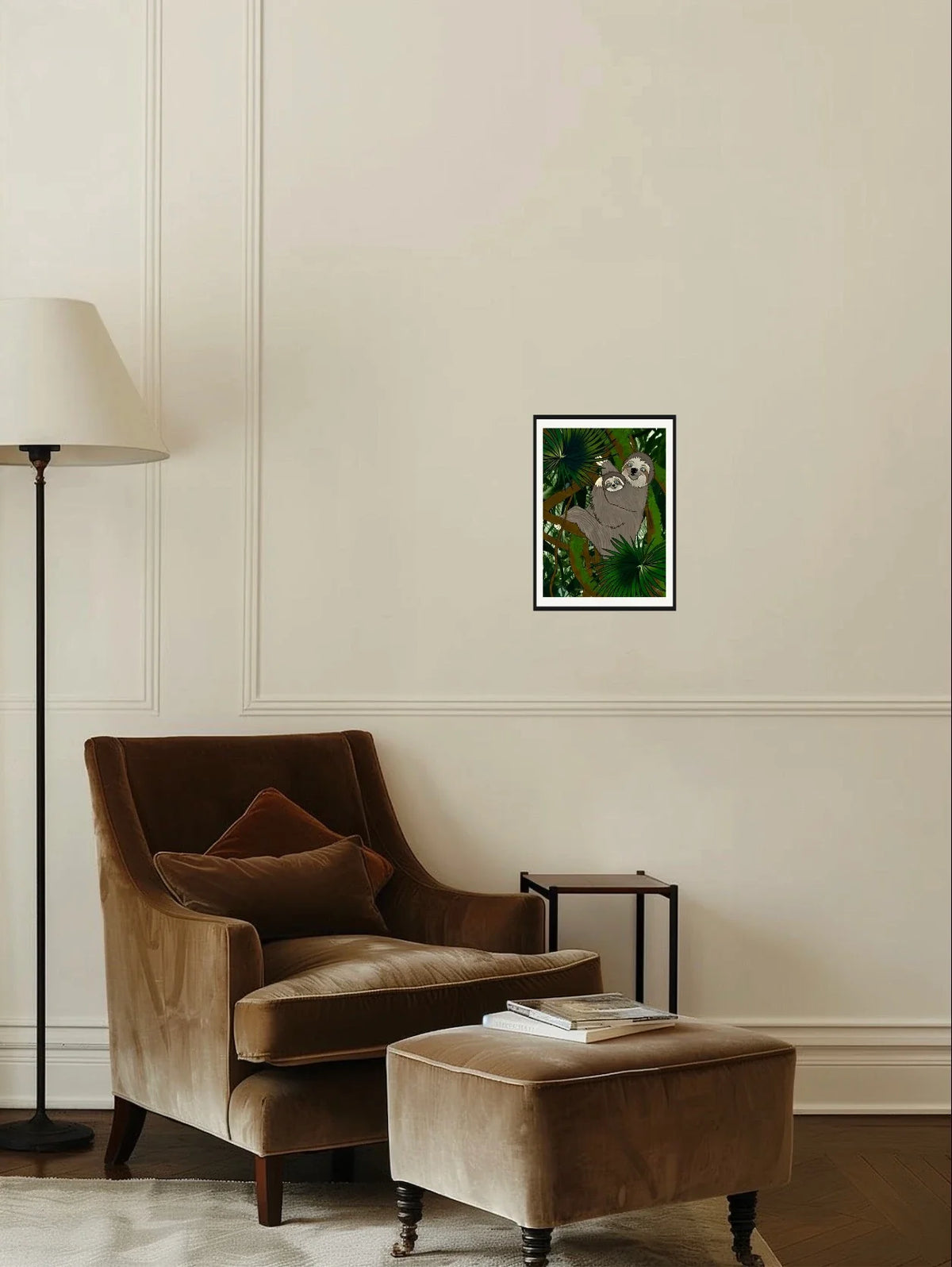 Winifred Sloth and Bailee - medium 12 x 16 matted and framed art print shown hanging on a wall