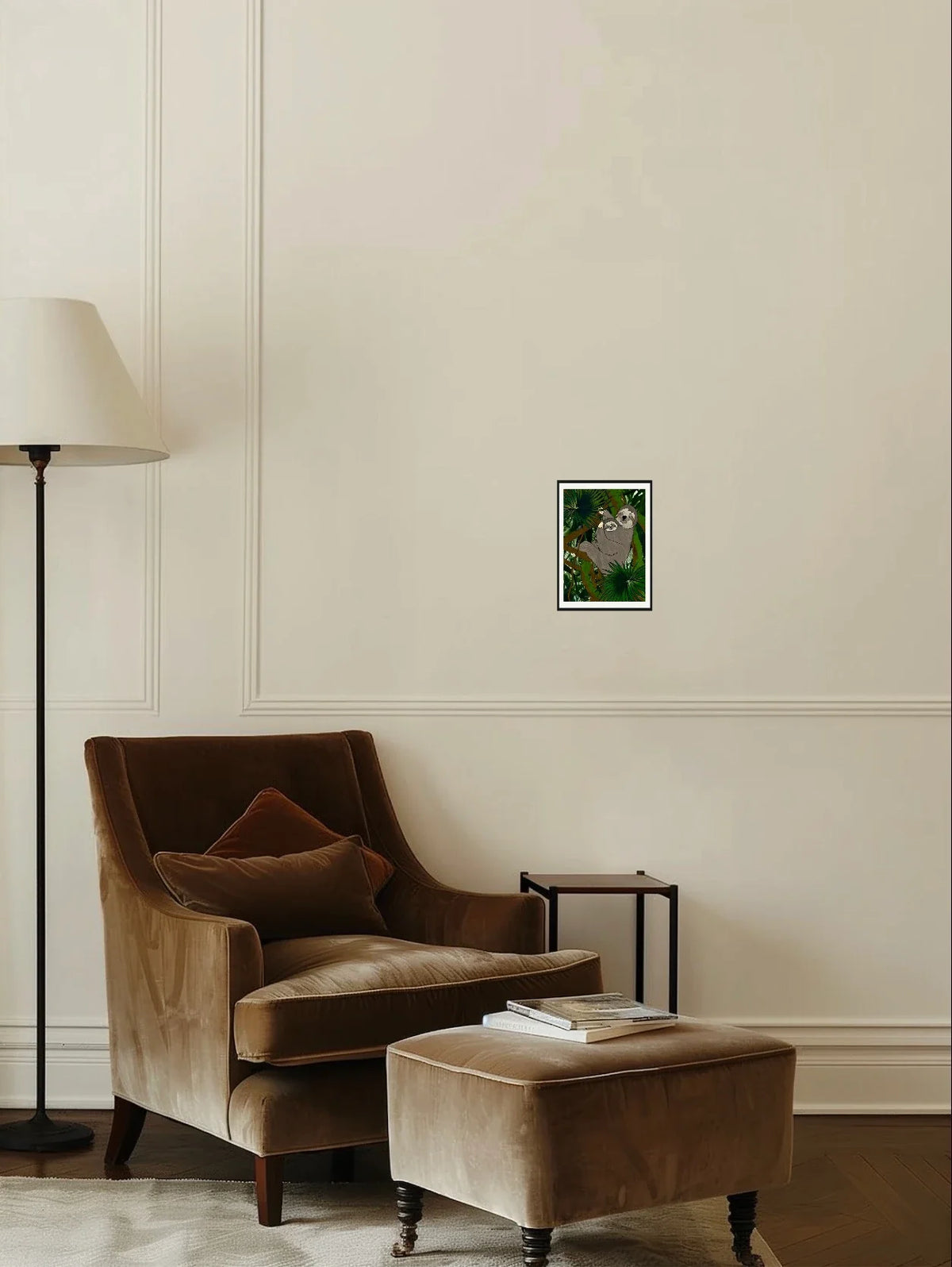 Winifred Sloth and Bailee - small 8 x 10 matted and framed art print shown hanging on a wall