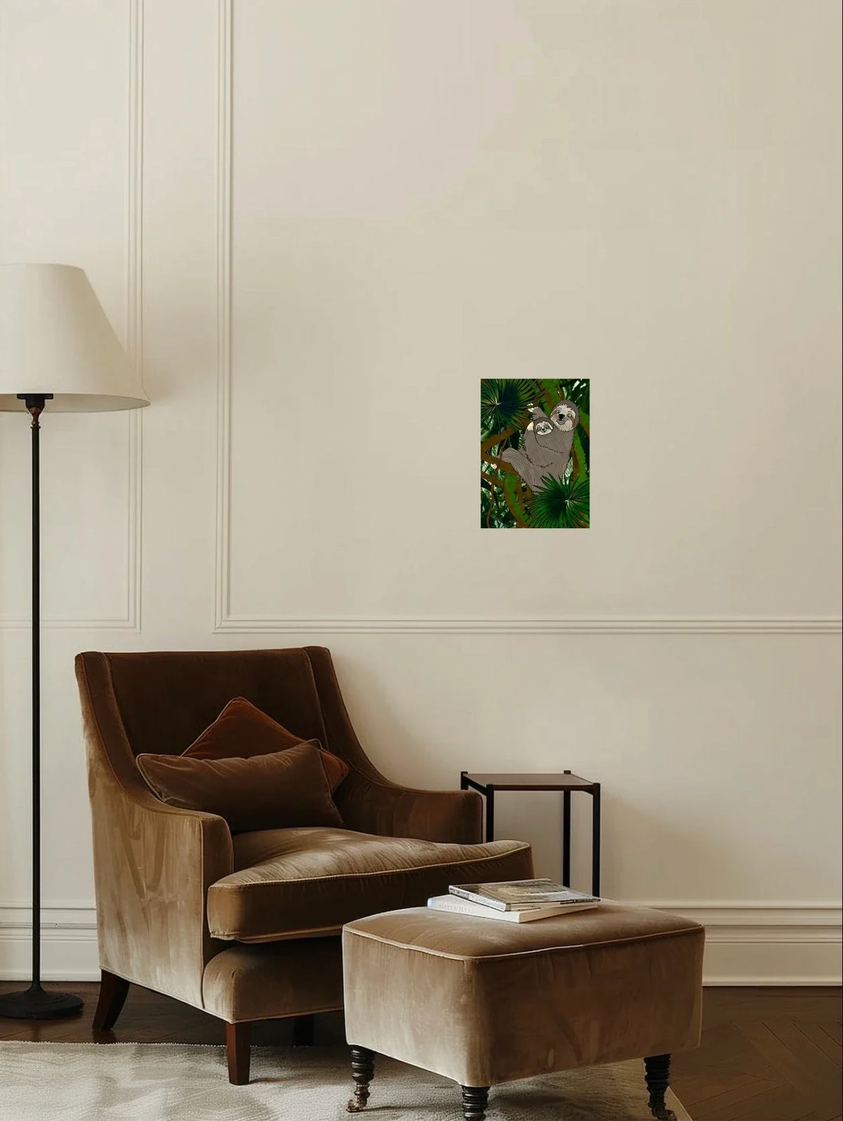 Winifred Sloth and Bailee - medium 12 x 16 unframed art print shown hanging on a wall