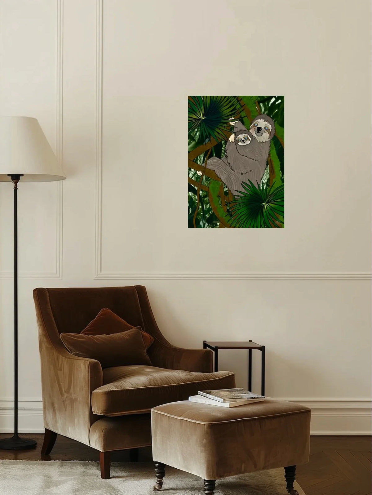 Winifred Sloth and Bailee - large 24 x 36 unframed art print shown hanging on a wall