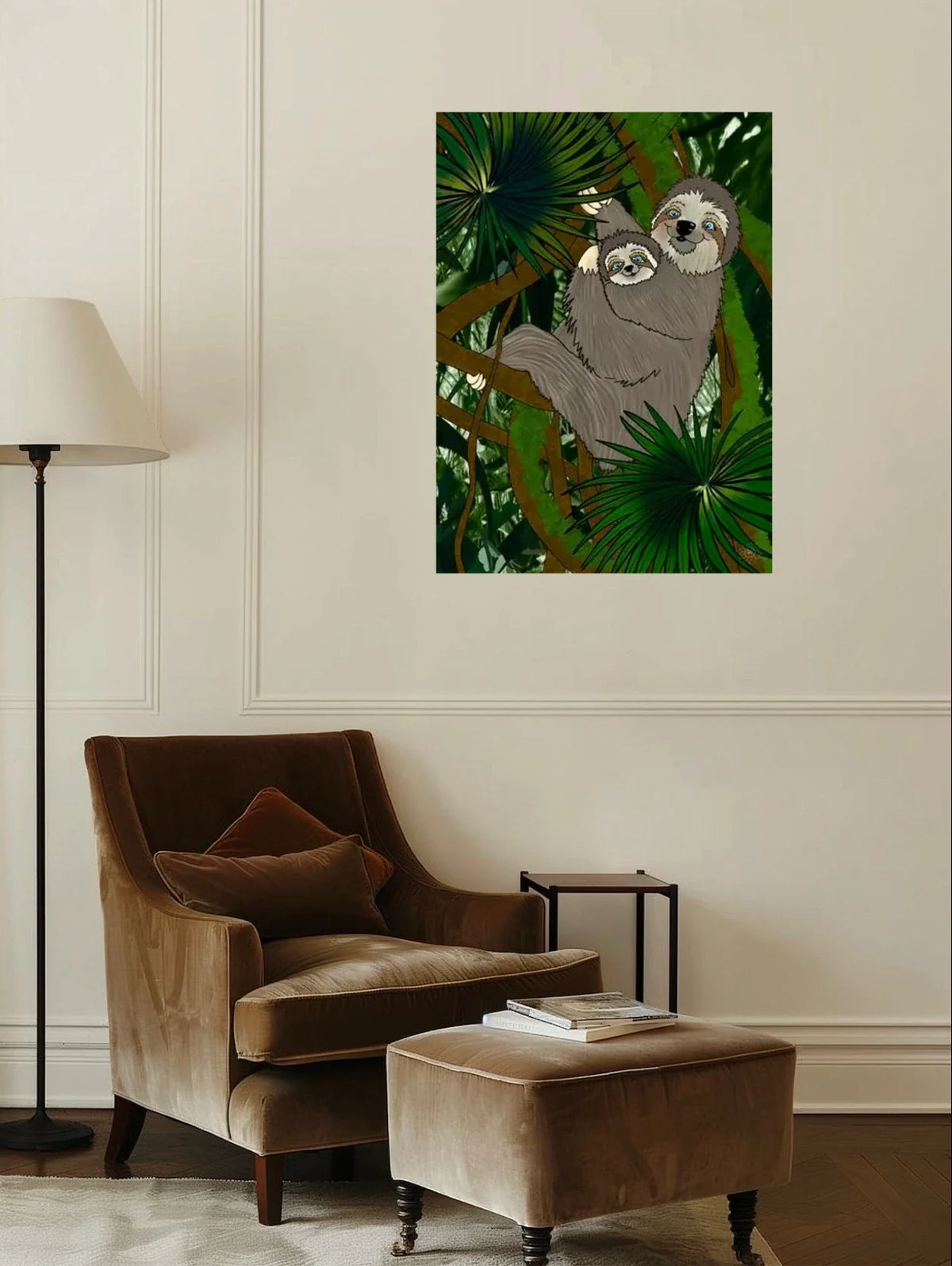 Winifred Sloth and Bailee - extra large 36 x 48 unframed art print shown hanging on a wall