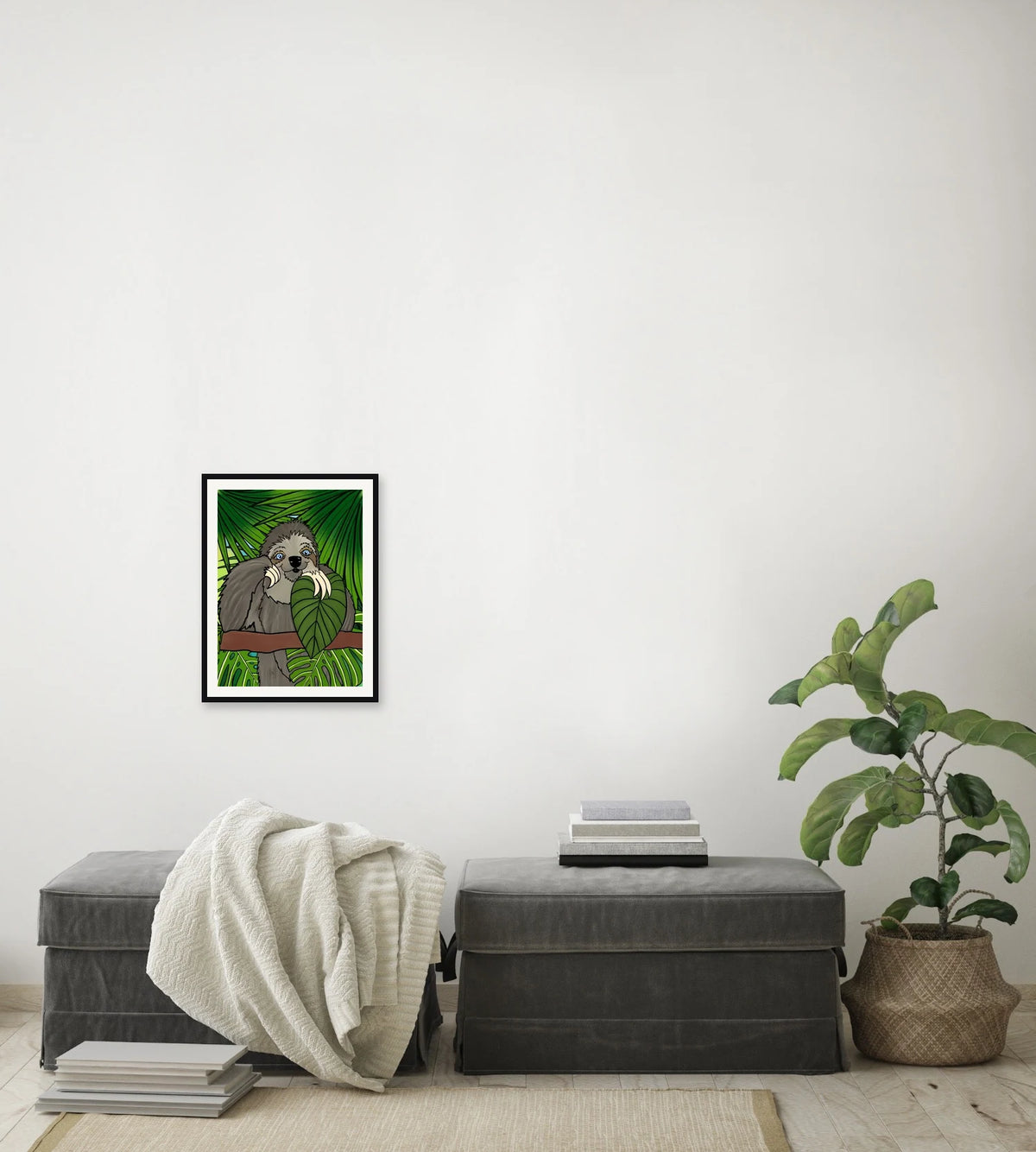 This is a medium 12 x 16 matted and framed watercolor art print of a sloth standing among broad green leaves. Created by professional artists, this high-quality watercolor print on textured matte paper adds a touch of character to any home or office decor.