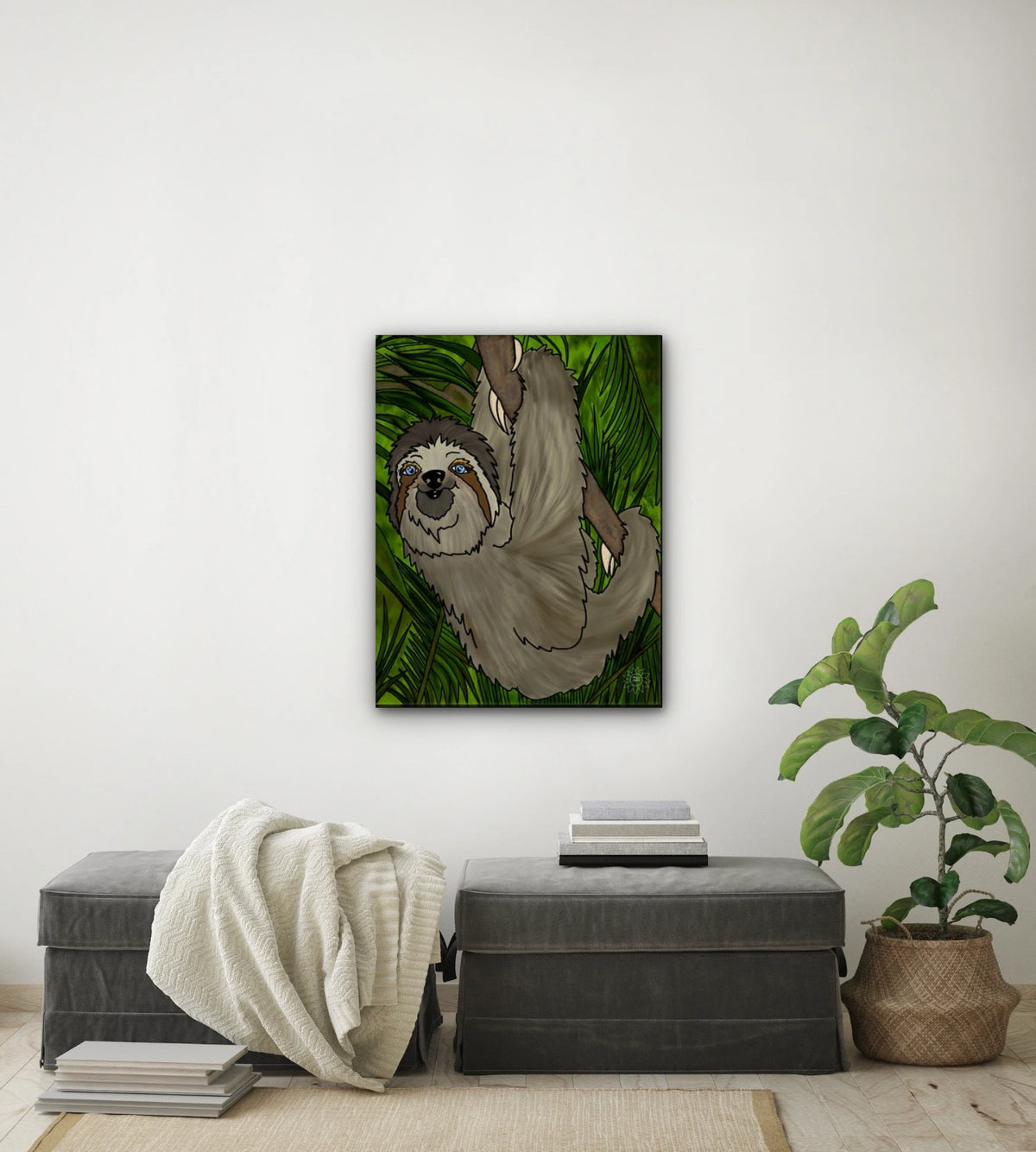 Winifred Sloth - Hanging in There - large 24 x 36 unframed art print shown hanging on a wall