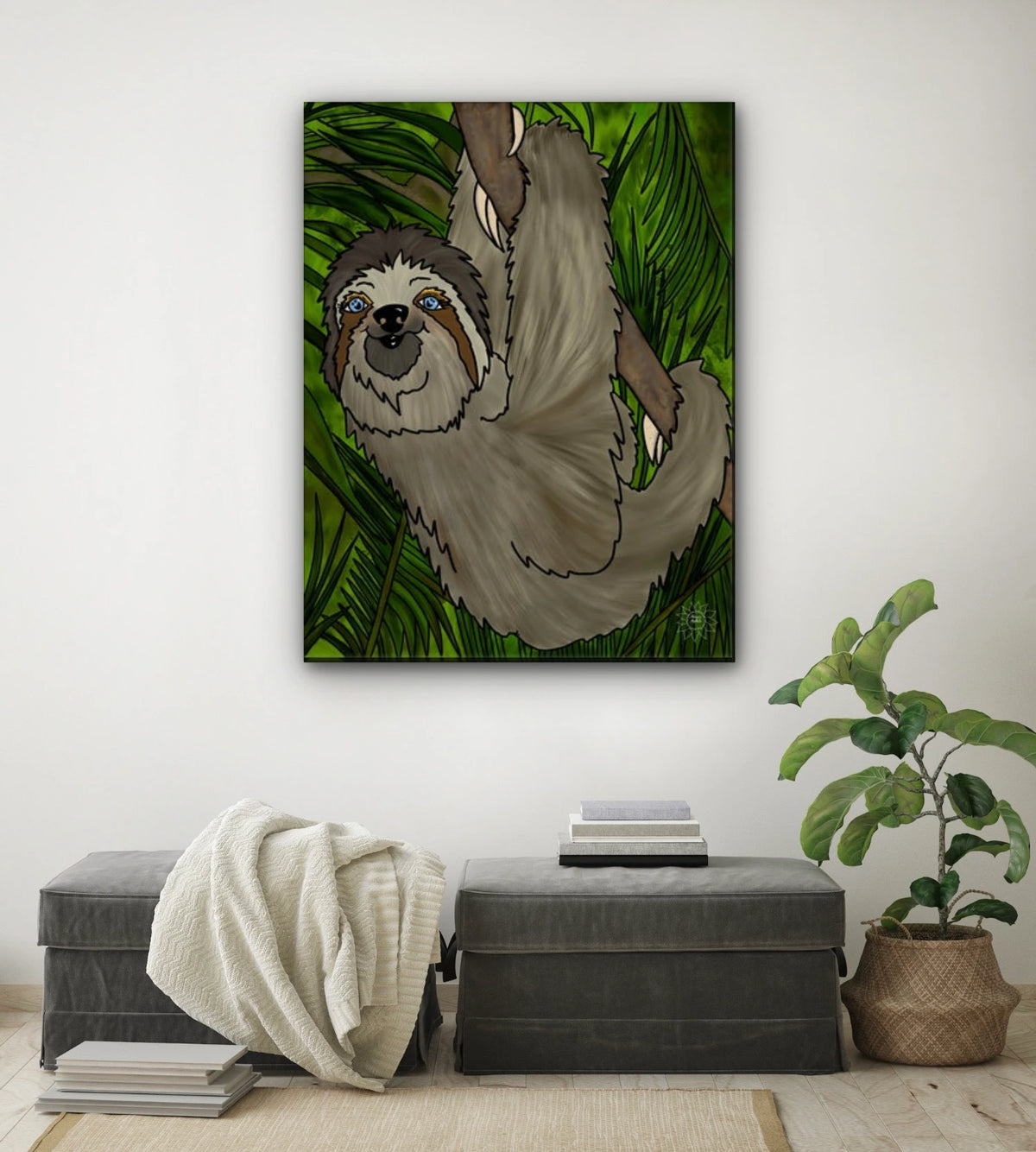 Winifred Sloth - Hanging in There - extra large 36 x 48 unframed art print shown hanging on a wall