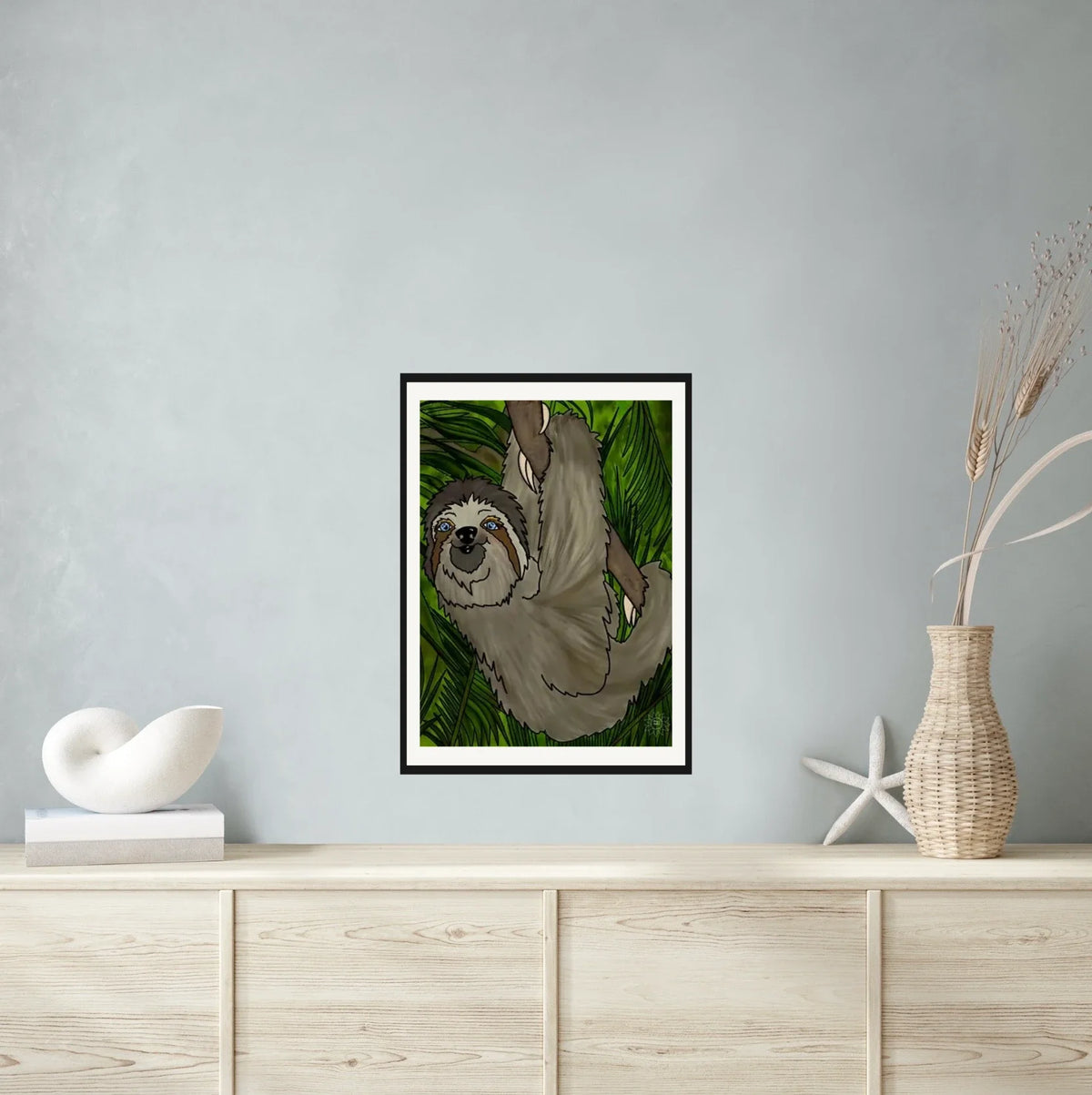 Winifred Sloth - Hanging in There - large 24 x 36 matted and framed art print shown hanging on a wall