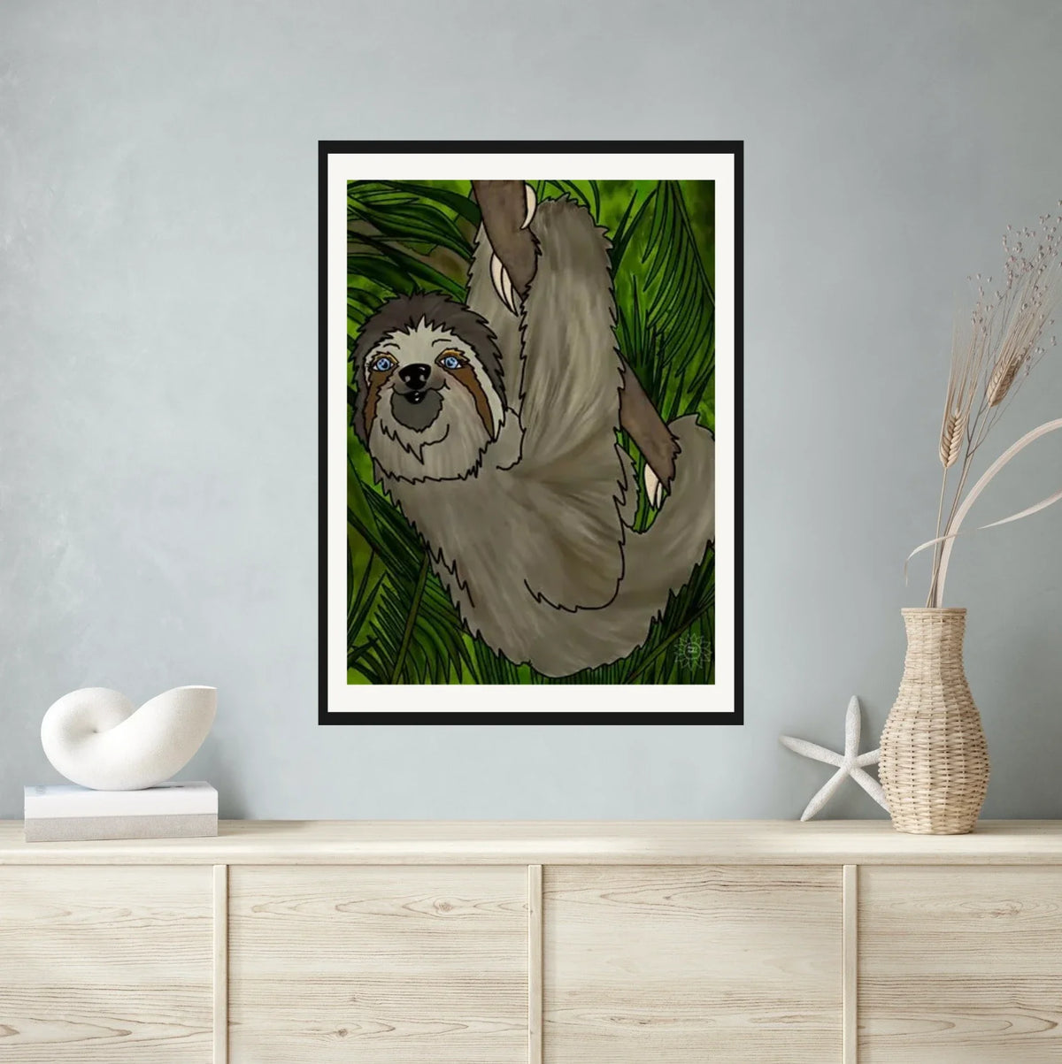 Winifred Sloth - Hanging in There - extra large 36 x 48 matted and framed art print shown hanging on a wall