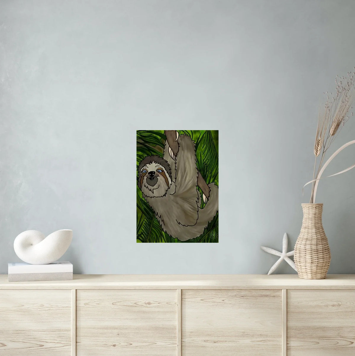 Winifred Sloth - Hanging in There - large 24 x 36 unframed art print shown hanging on a wall