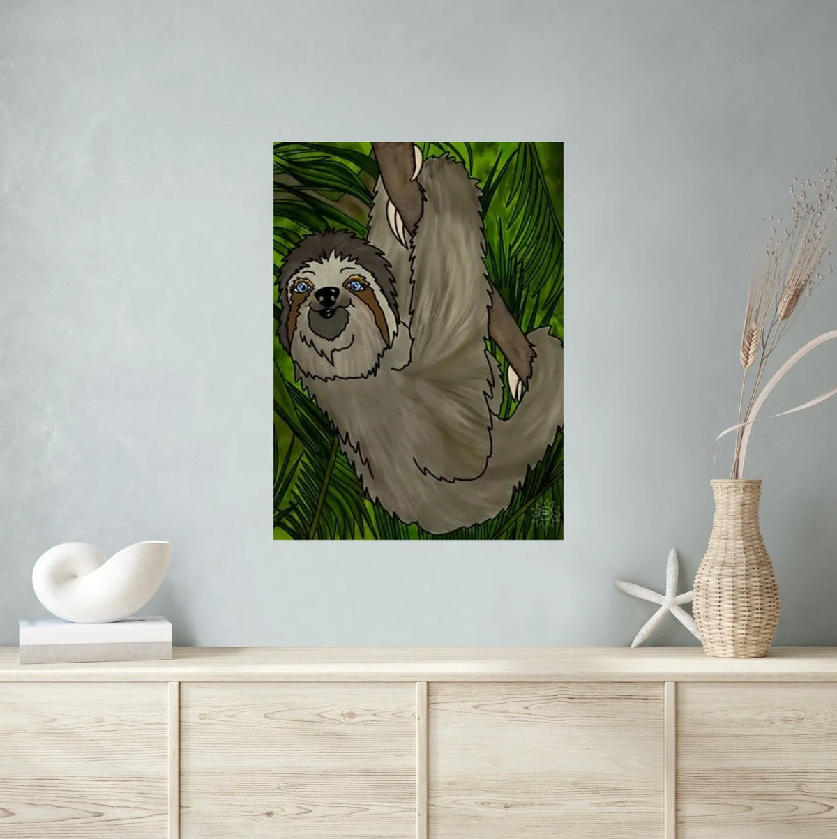 Winifred Sloth - Hanging in There - extra large 36 x 48 unframed art print shown hanging on a wall