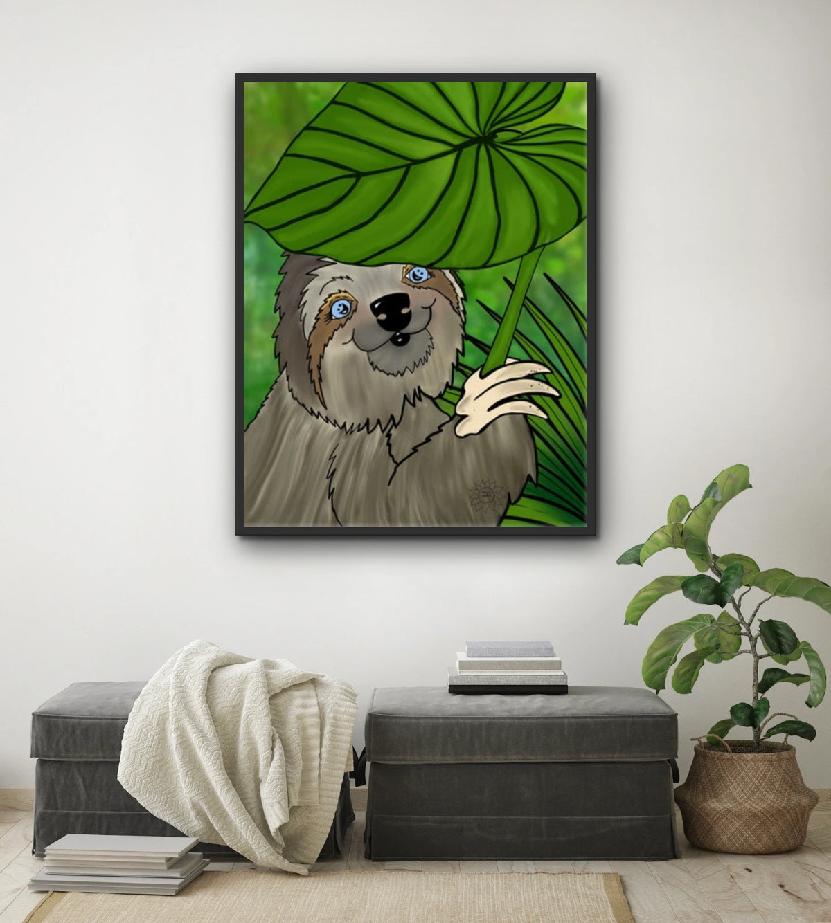 Winifred Sloth - Leaf Umbrella - extra large 36 x 48 framed art print shown hanging on a wall