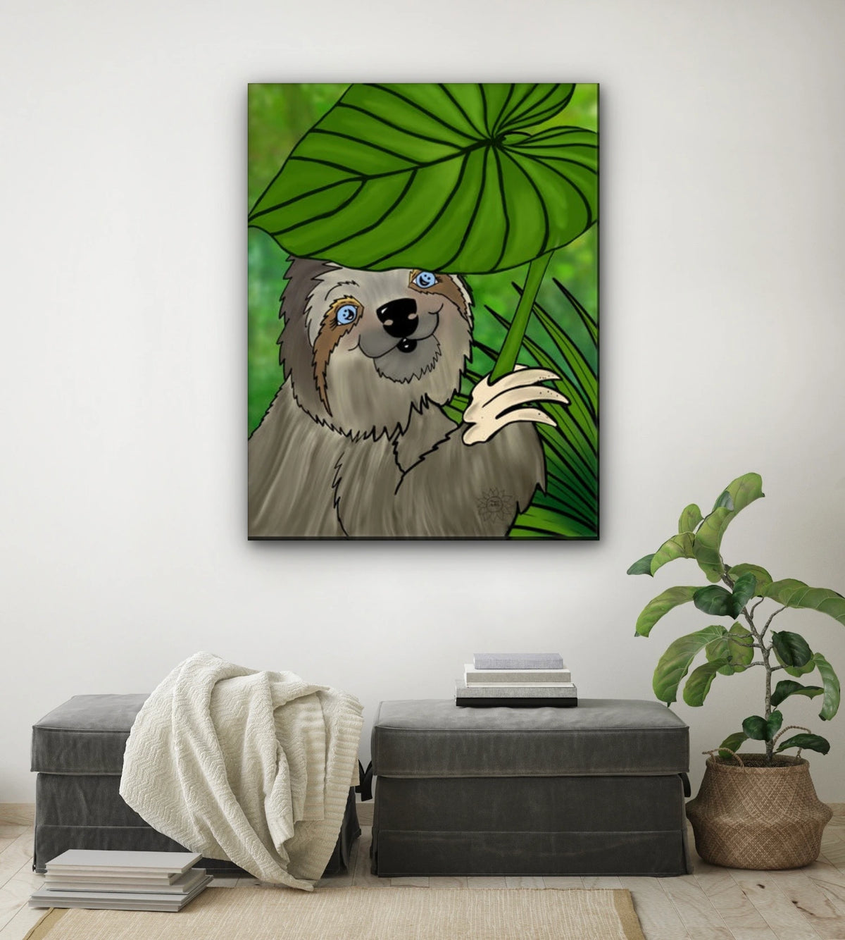 Winifred Sloth - Leaf Umbrella - extra large 36 x 48 unframed art print shown hanging on a wall