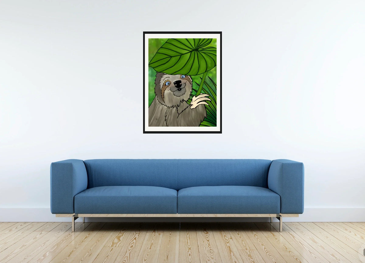 Winifred Sloth - Leaf Umbrella - large 24 x 36 matted and framed art print shown hanging on a wall