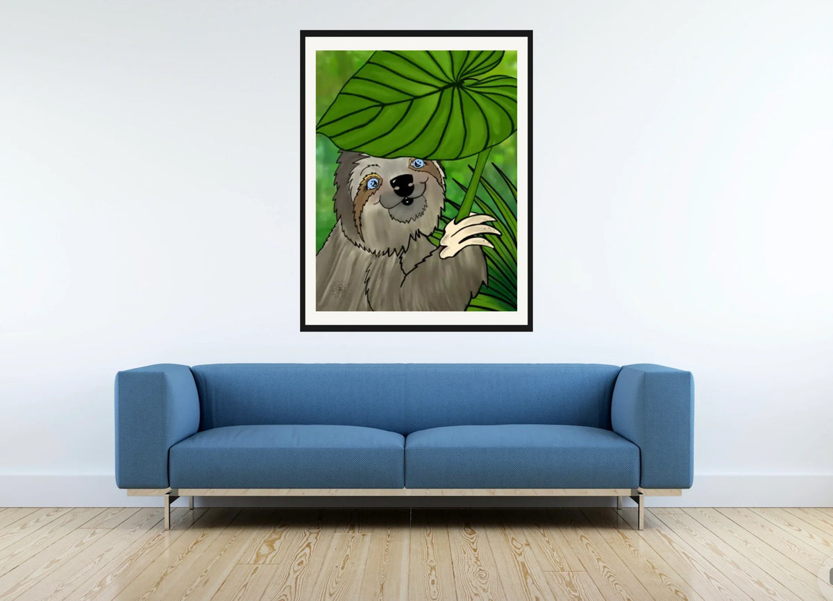 Winifred Sloth - Leaf Umbrella - extra large 36 x 48 matted and framed art print shown hanging on a wall