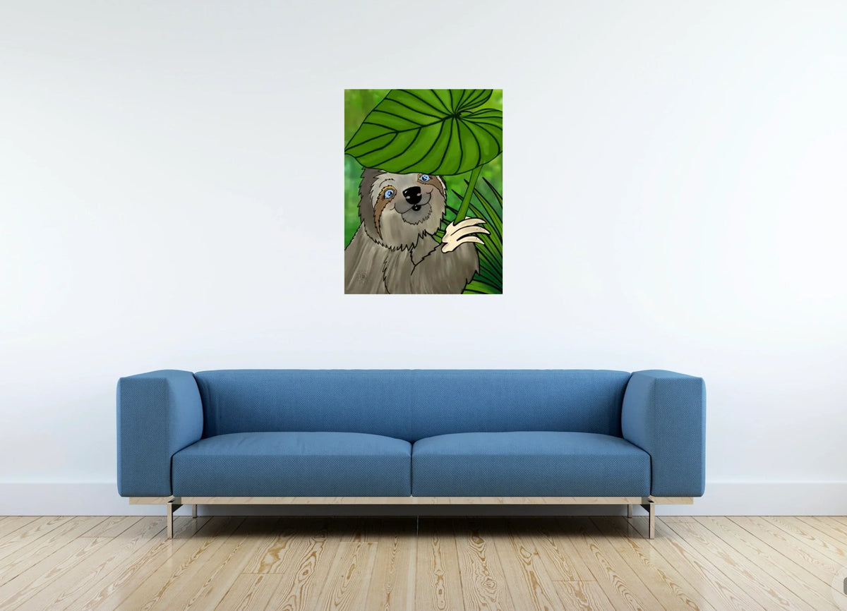 Winifred Sloth - Leaf Umbrella - large 24 x 36 unframed art print shown hanging on a wall