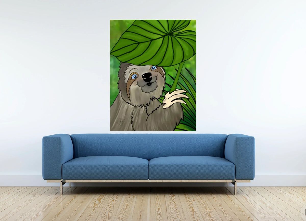 Winifred Sloth - Leaf Umbrella - extra large 36 x 48 unframed art print shown hanging on a wall