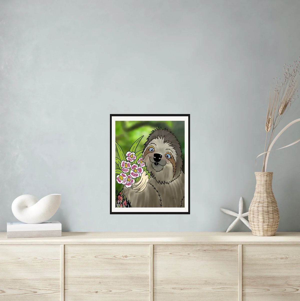 Winifred Sloth Orchids - large 24 x 36 matted and framed art print shown hanging on a wall