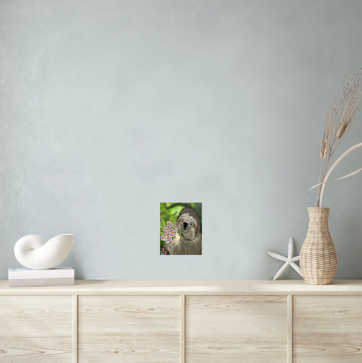 Winifred Sloth Orchids - medium 12 x 16 unframed art print shown hanging on a wall