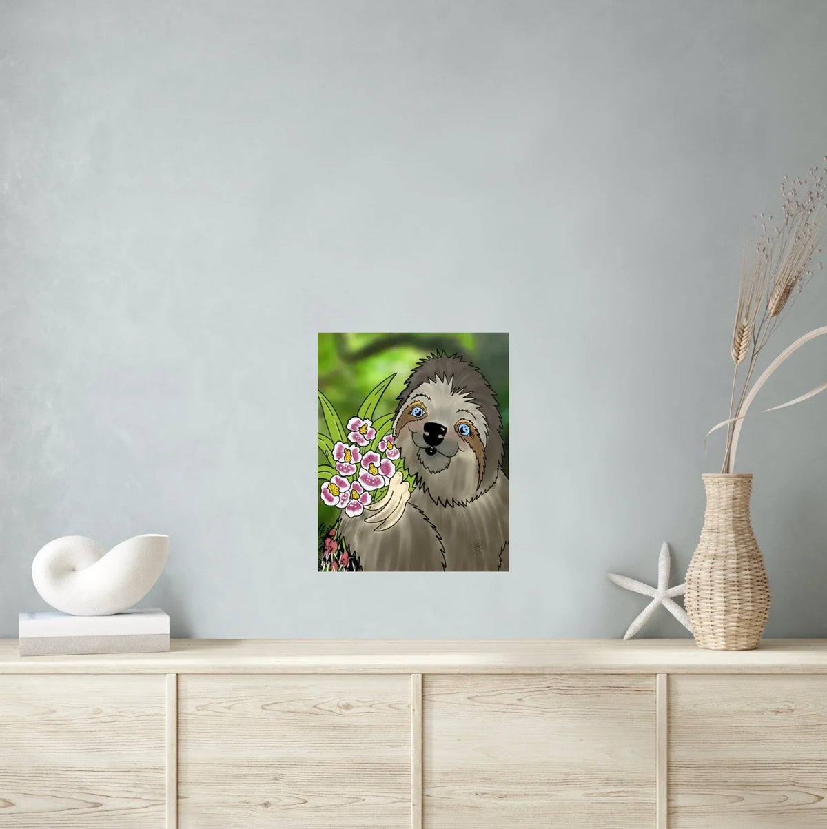 Winifred Sloth Orchids - large 24 x 36 unframed art print shown hanging on a wall