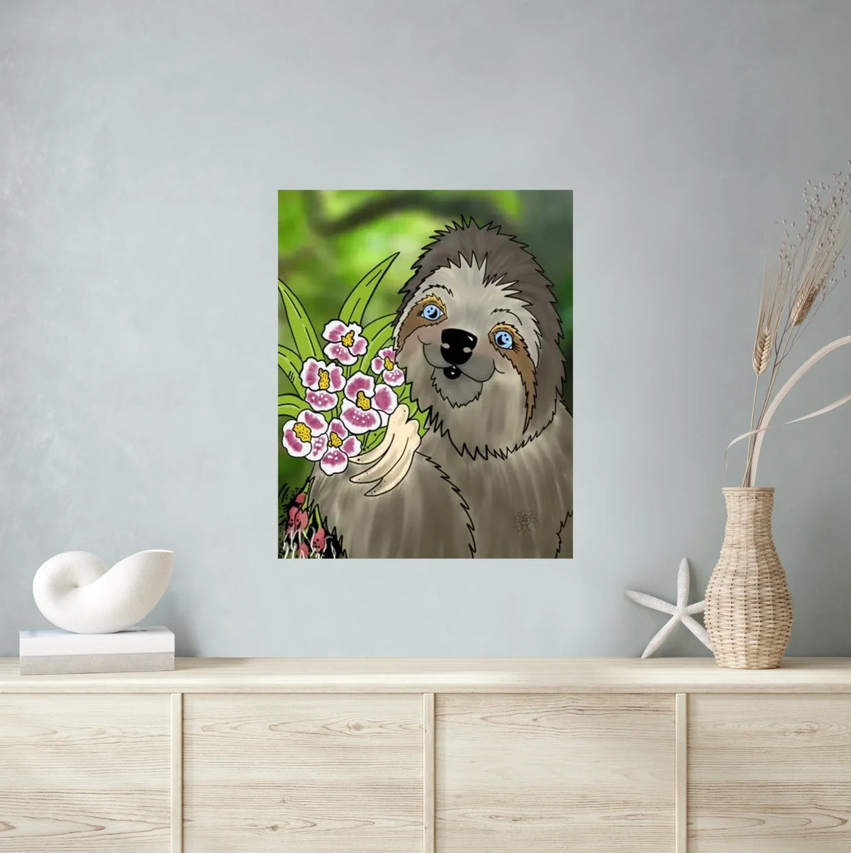 Winifred Sloth Orchids - extra large 36 x 48 unframed art print shown hanging on a wall