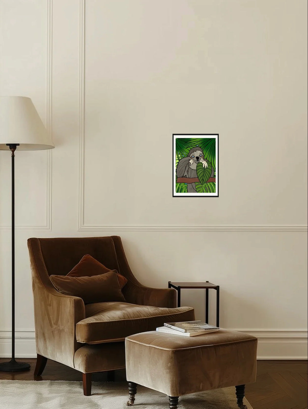 Winifred Sloth - Standing - medium 12 x 16 matted and framed art print shown hanging on a wall