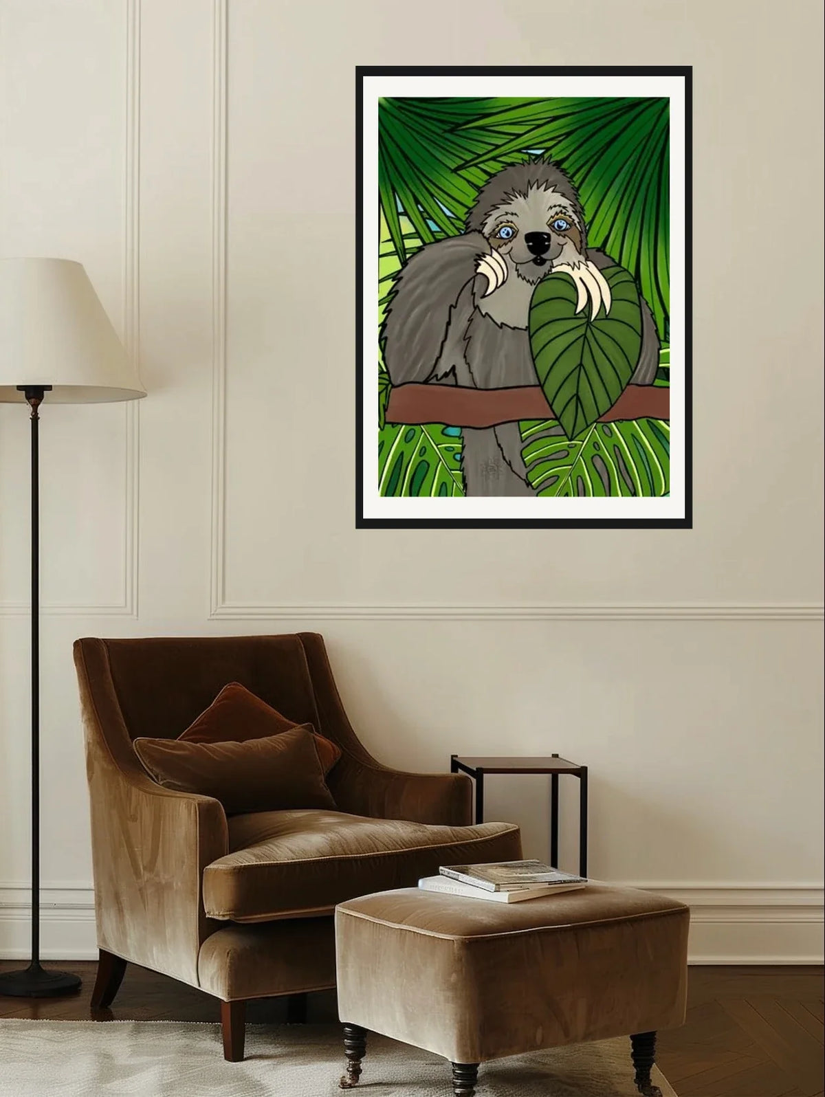 Winifred Sloth - Standing - extra large 36 x 48 matted and framed art print shown hanging on a wall