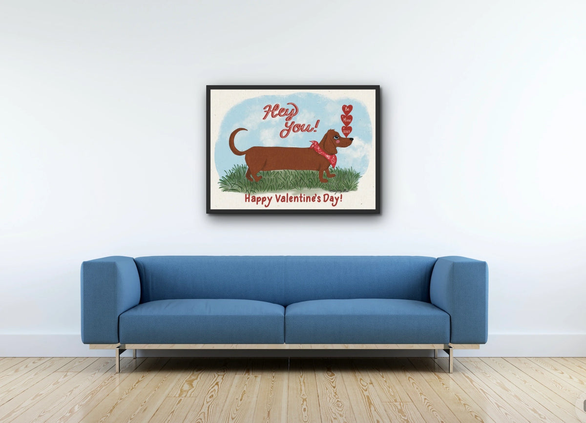 Winston the Dachshund - large 24 x 36 framed art print shown hanging on a wall