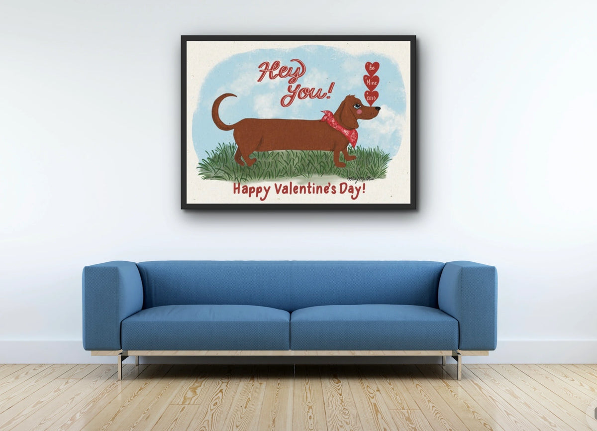 Winston the Dachshund - extra large 36 x 48 framed art print shown hanging on a wall