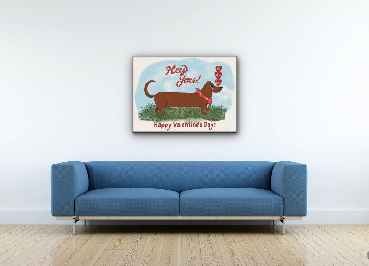 Winston the Dachshund - large 24 x 36 unframed art print shown hanging on a wall