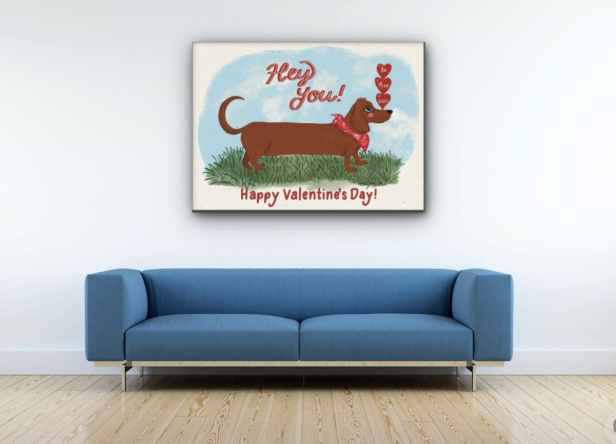 Winston the Dachshund - extra large 36 x 48 unframed art print shown hanging on a wall