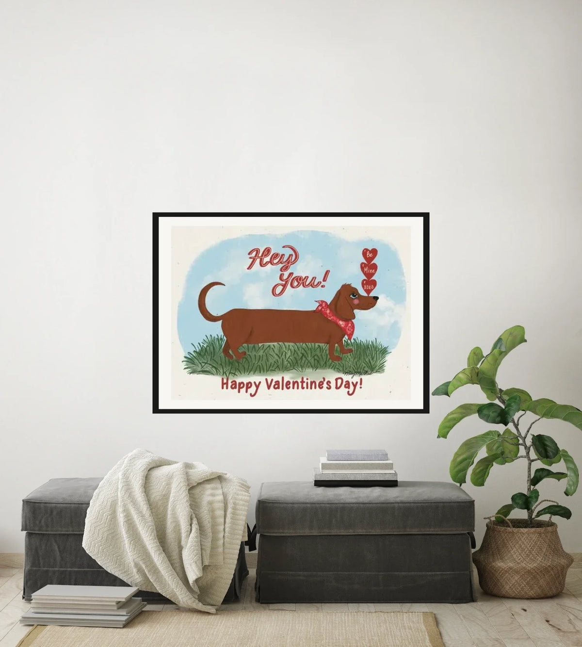 Winston the Dachshund - large 24 x 36 matted and framed art print shown hanging on a wall