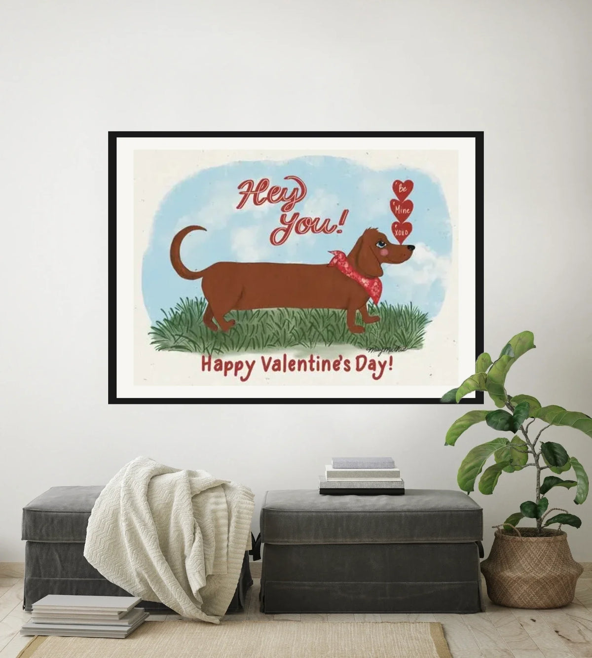 Winston the Dachshund - extra large 36 x 48 matted and framed art print shown hanging on a wall
